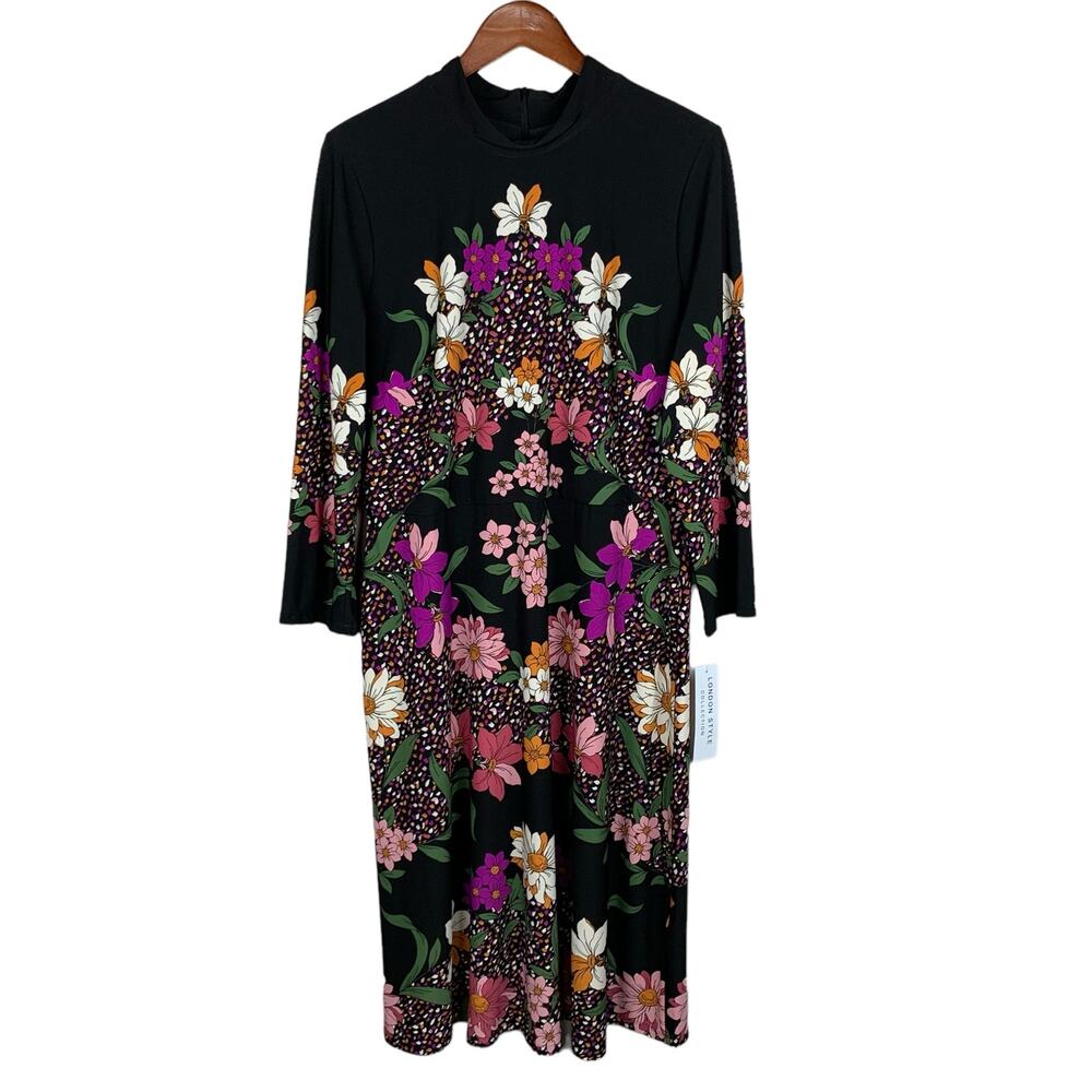 New London Style Collection Dress Midi Dark Floral Black Mock Neck Women's 16